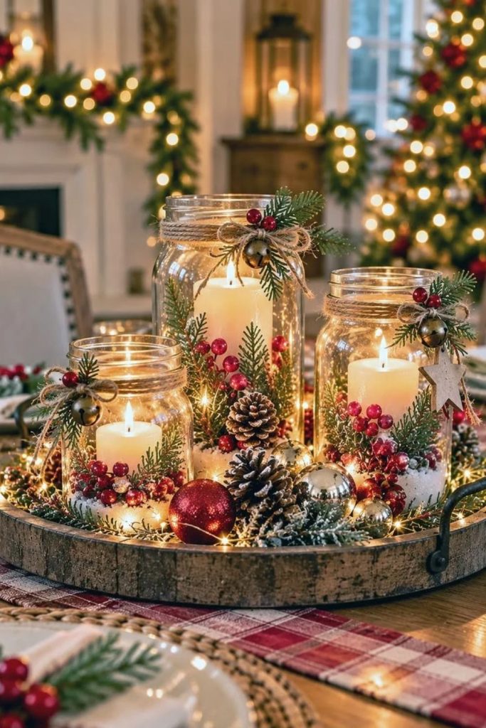 Mason jar candle centerpieces with pinecones.