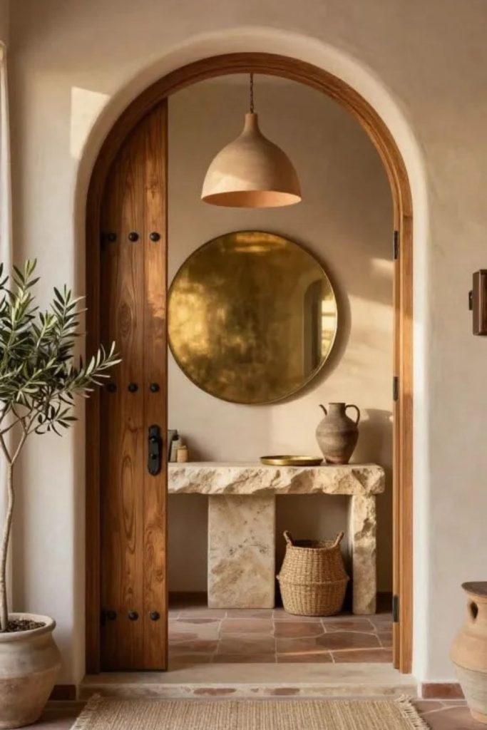 Mediterranean sun arch with rustic charm.