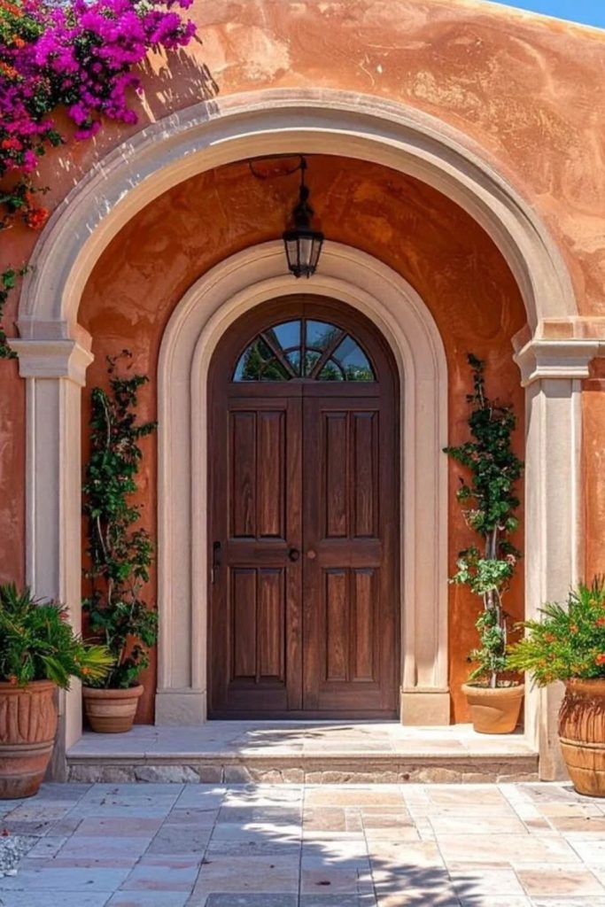 Mediterranean terracotta arch with warm tones.