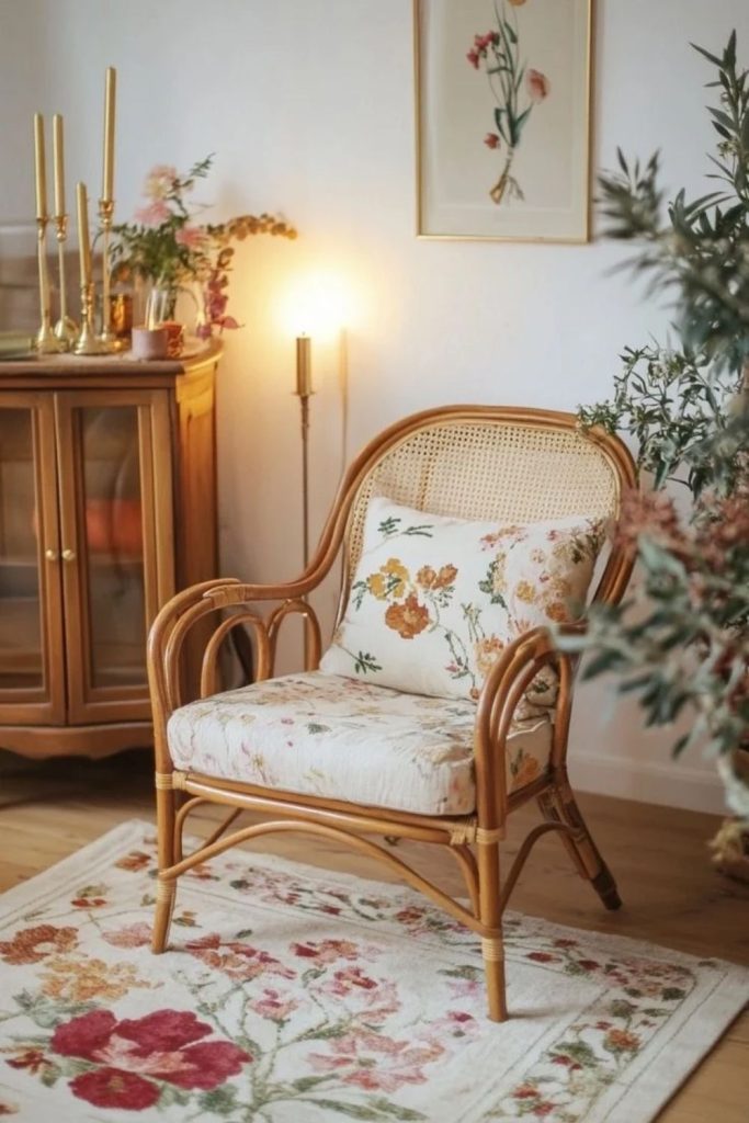 Mid-century cane armchair with tapered wooden legs
