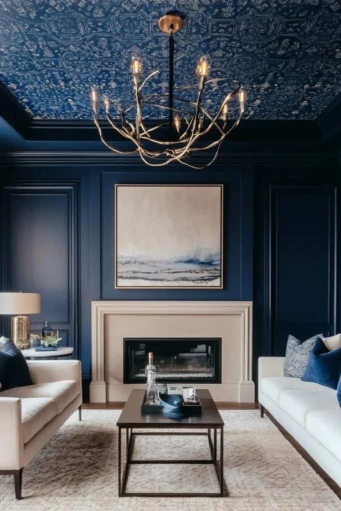 Midnight indigo statement ceiling with elegant lighting.