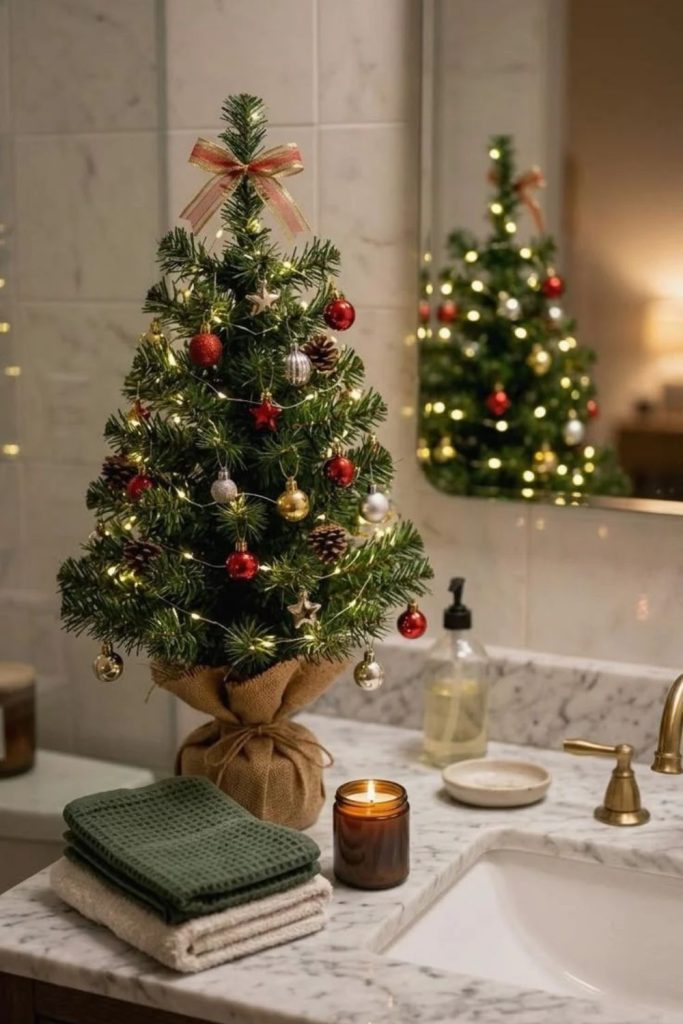 Mini Christmas tree beside festive bathroom vanity.