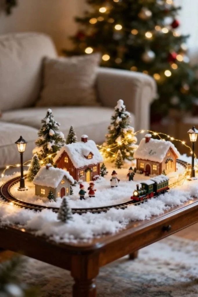 Miniature Christmas village coffee table centerpiece.