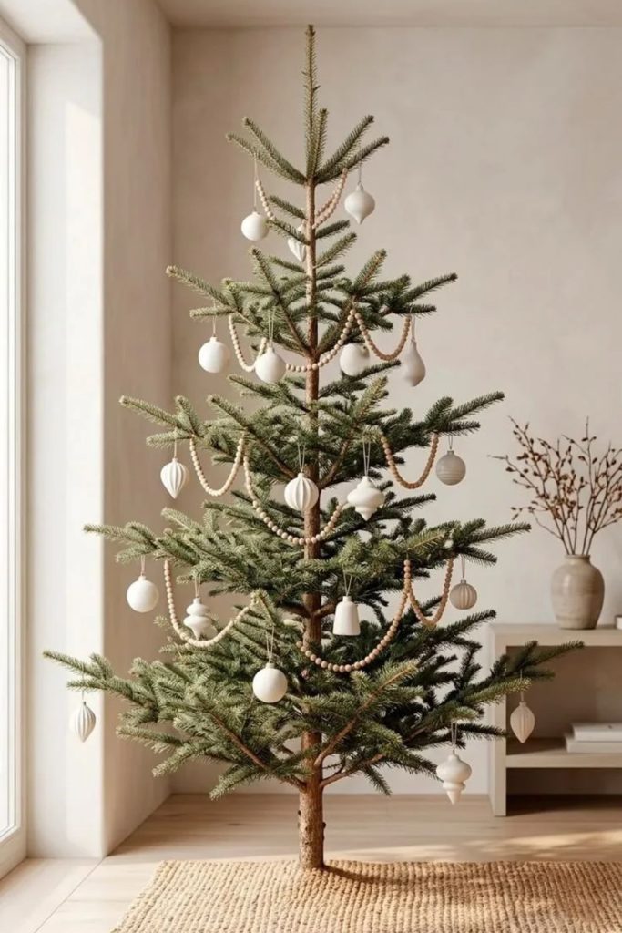 Minimal Nordic Christmas tree with ornaments.