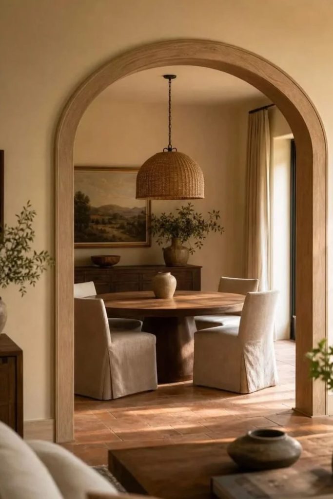 Minimal oak archway with natural warmth.