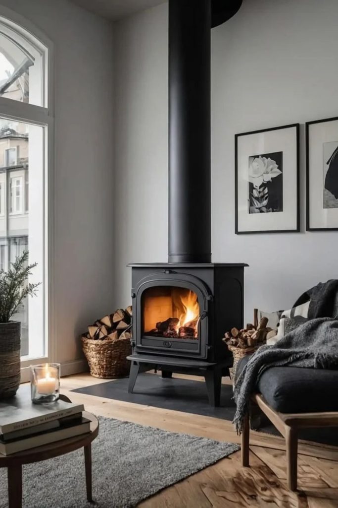 Minimalist living room with black burner.