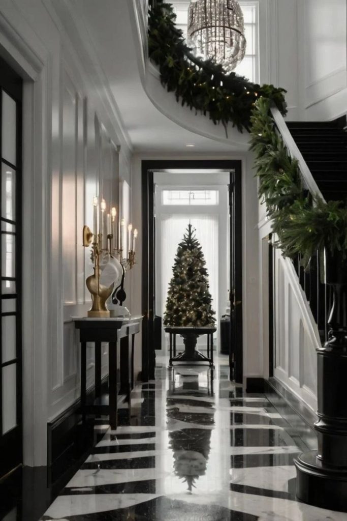 Minimalist Black and White Christmas Hallway Decor