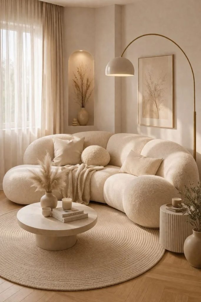 Minimalist Beige Bouclé Sofa in Modern Living Room