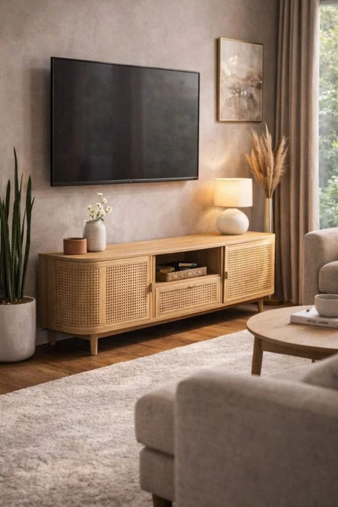 Minimalist cane TV unit with woven doors