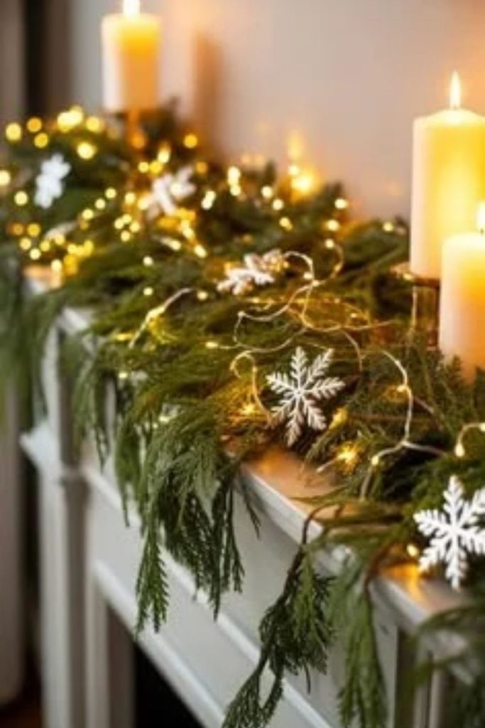 Minimalist green Christmas garland with foliage.