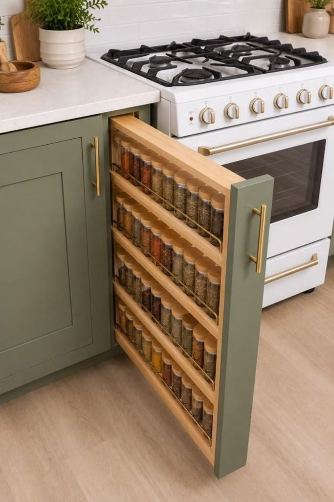 Olive green minimalist kitchen with hidden storage.