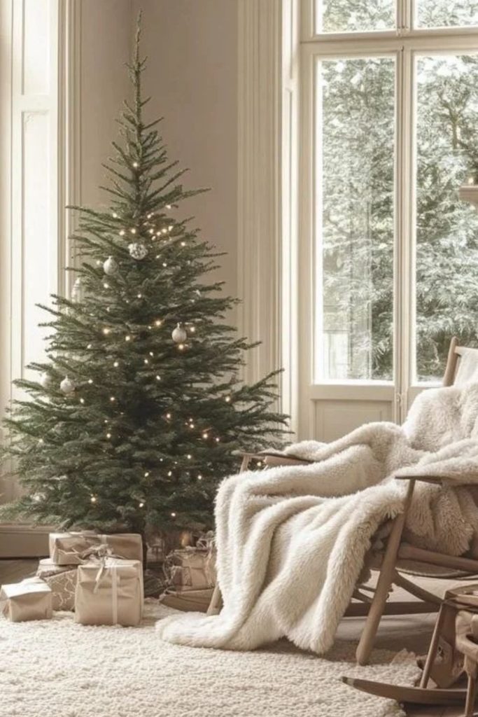 Minimalist Scandinavian Christmas tree with wooden ornaments.