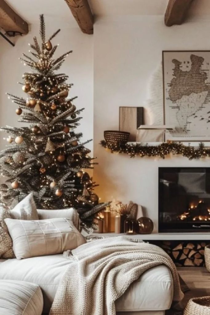 Minimalist Scandinavian flocked Christmas tree with wooden stars.