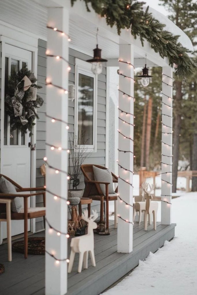 Minimalist Scandinavian outdoor Christmas lighting with greenery.