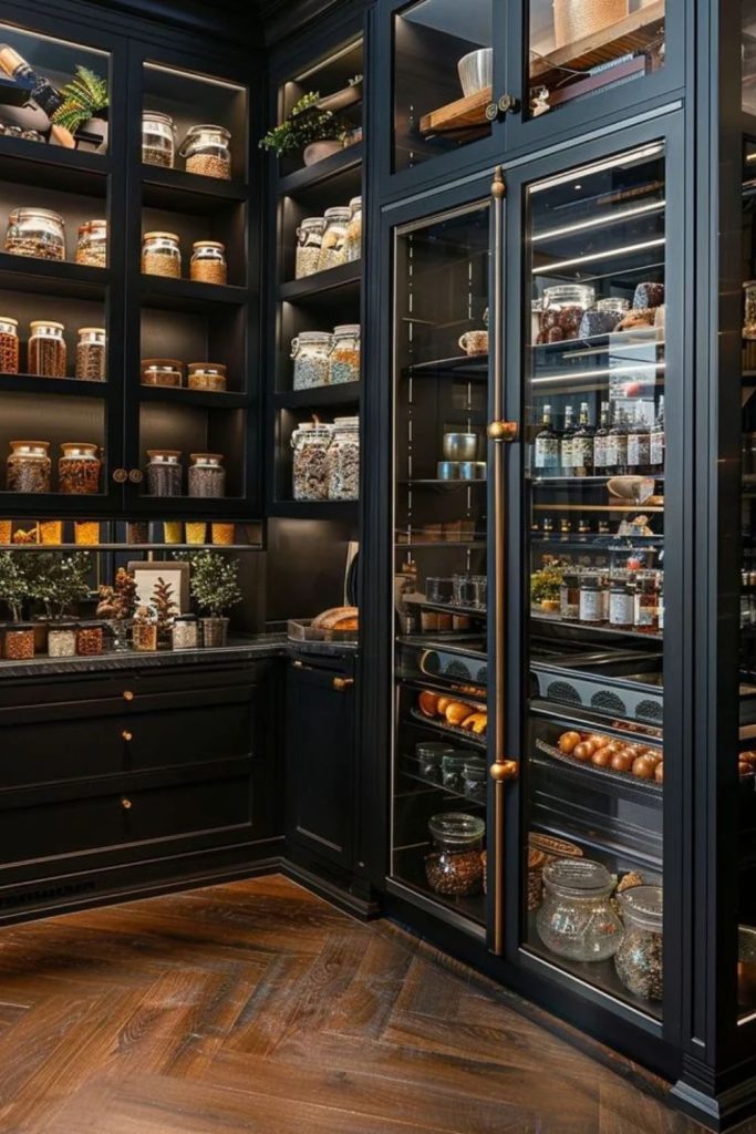 Modern black pantry with brass accents.