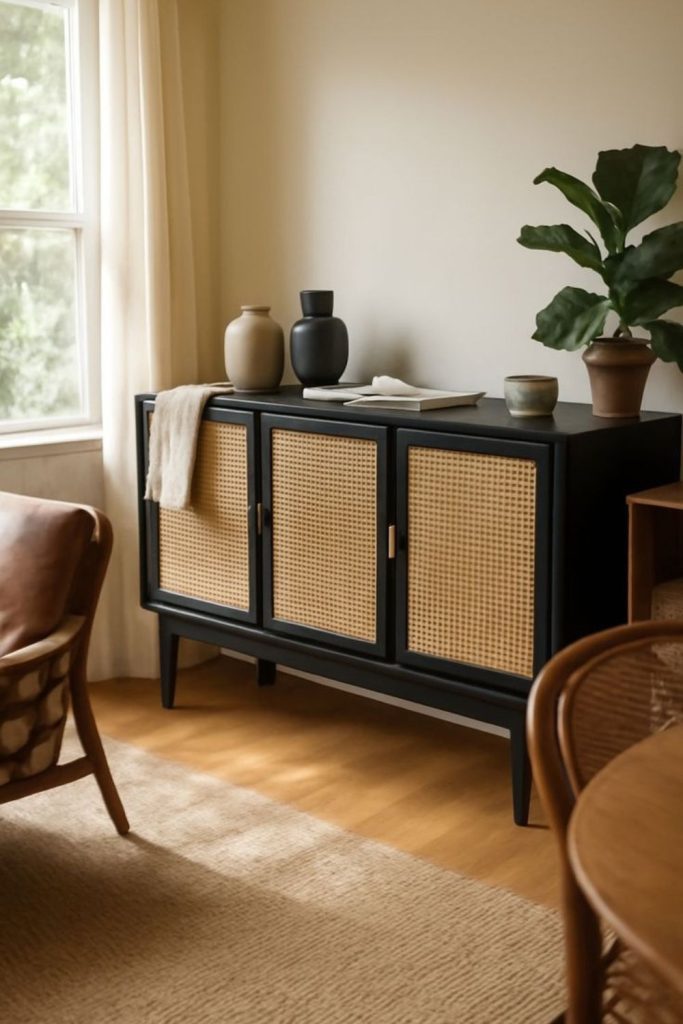 Modern black cane cabinet with woven inserts