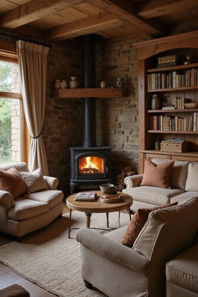 Modern cottage room with log burner.