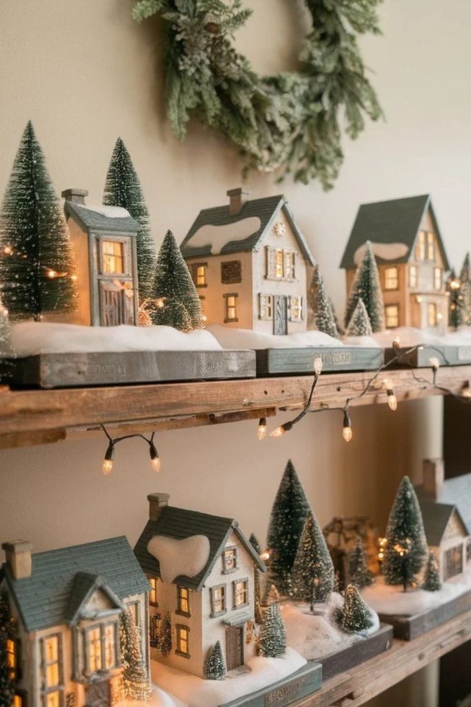 Modern minimalist Christmas village with white cottages.