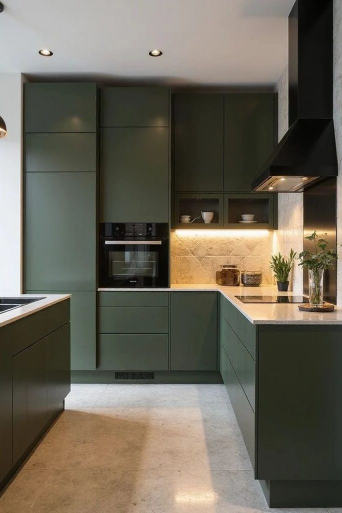Modern olive green handleless kitchen design.