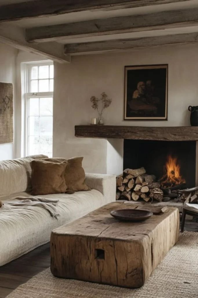 Modern rustic room with log burner.