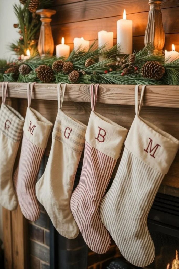Monogrammed linen Christmas stockings with embroidery