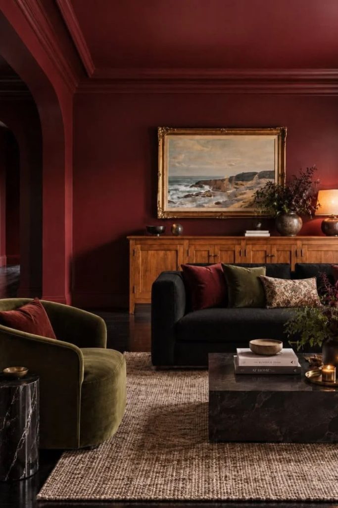 Moody burgundy painted statement ceiling.