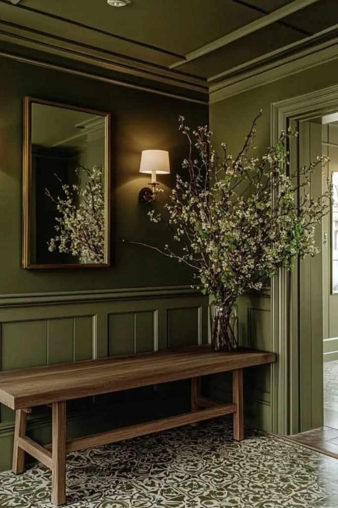 Moody olive green colour drenched room.