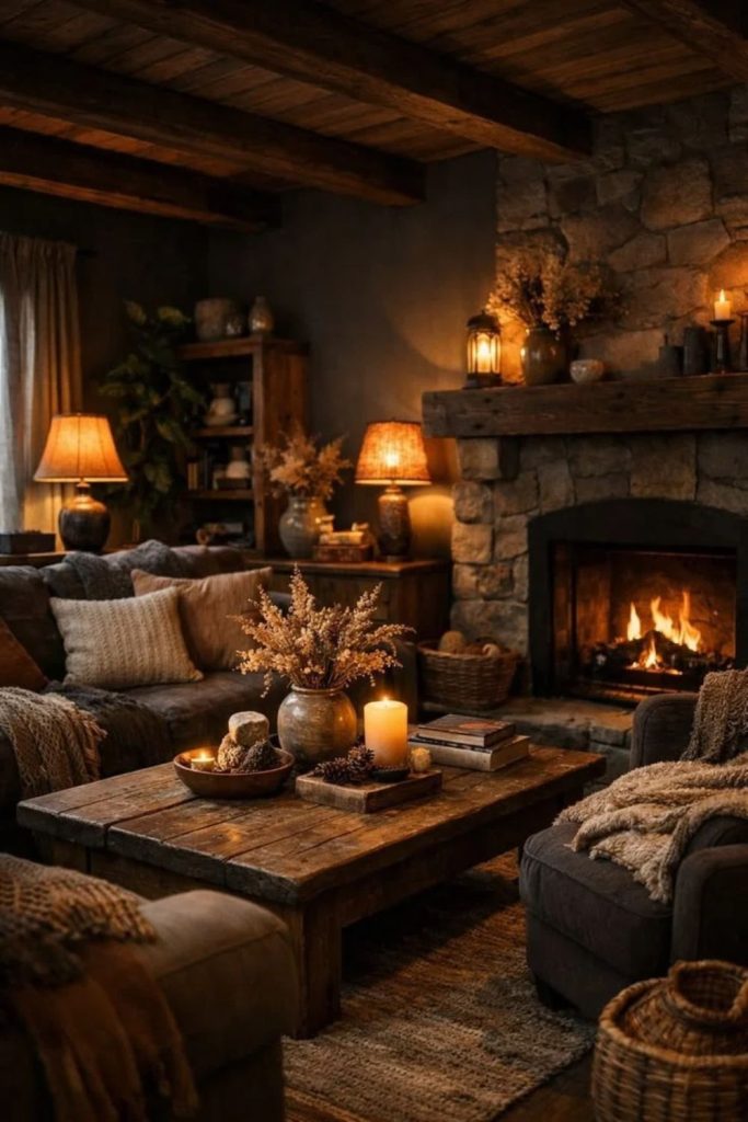 Moody woodland living room with stove.