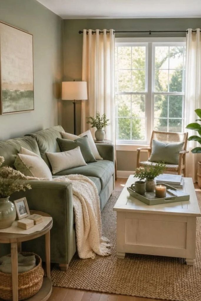 Muted sage green hygge living room decor.