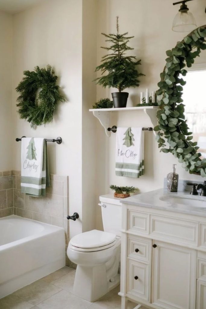 Natural eucalyptus greenery in Christmas bathroom decor.