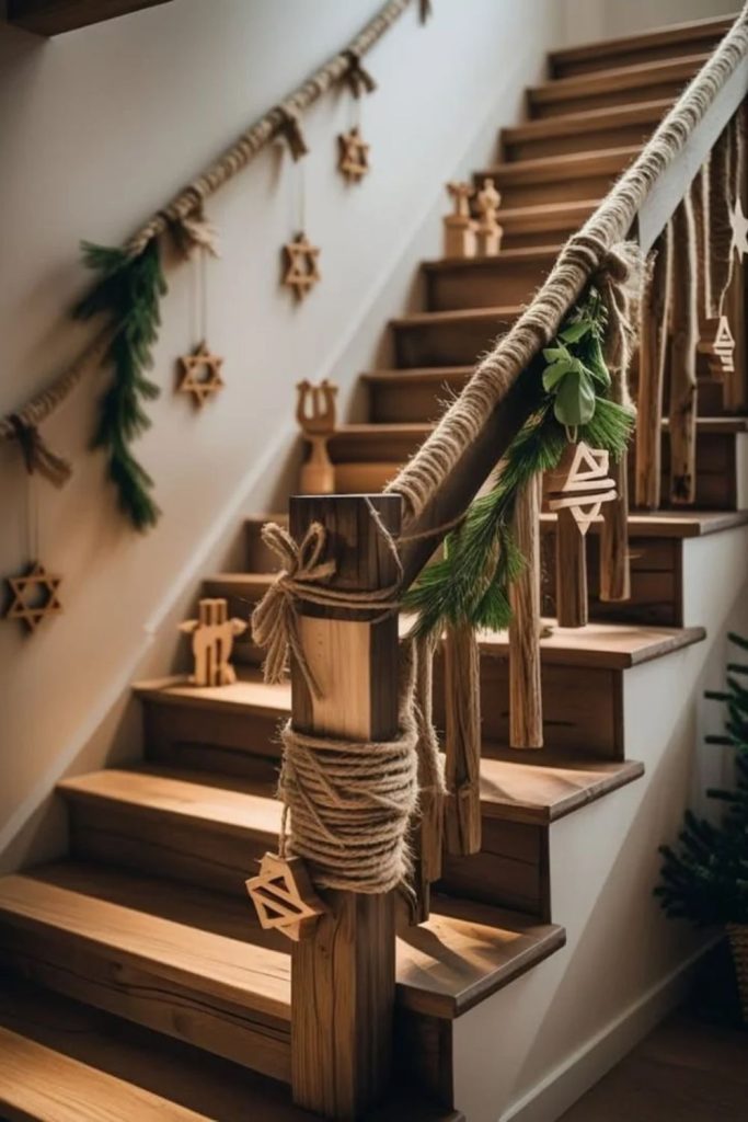 Natural Scandinavian staircase Christmas garland decor.