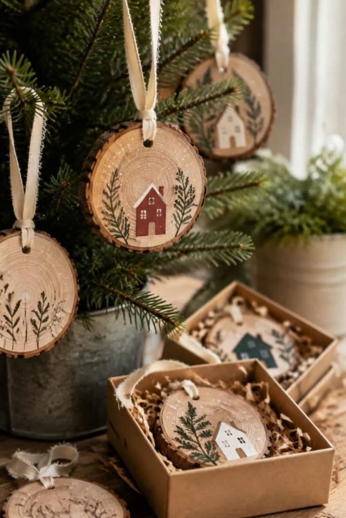 Natural wood slice ornaments with painted designs.