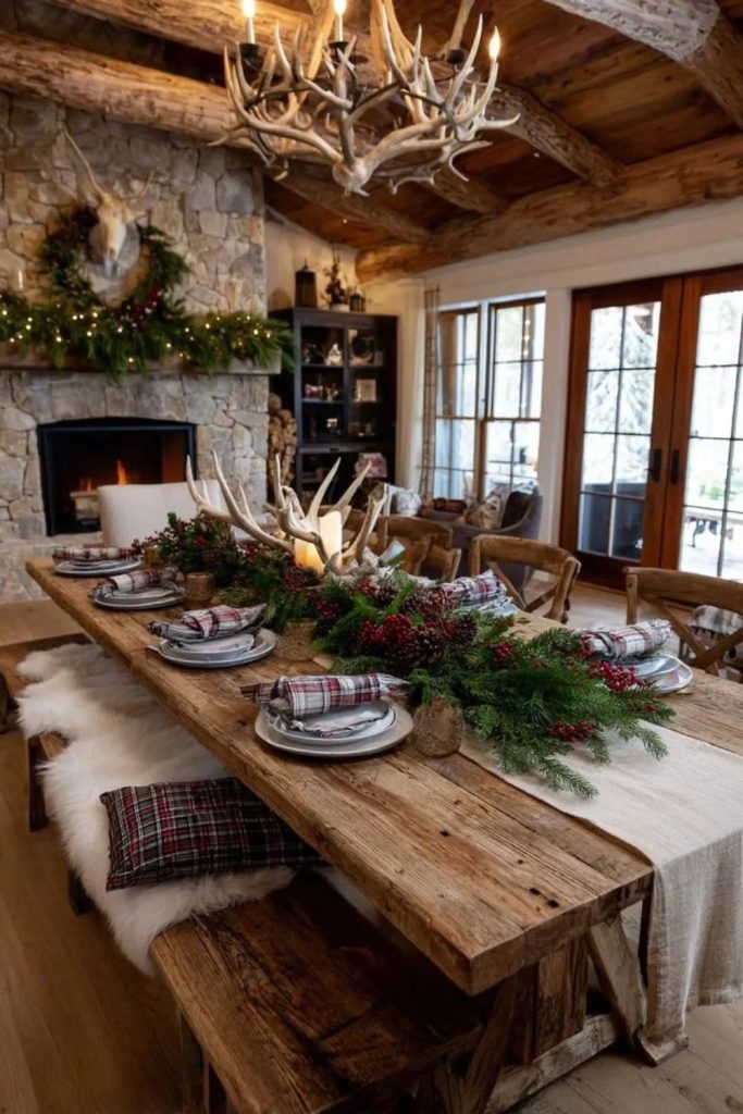 Natural woodland Christmas dining table centerpiece.