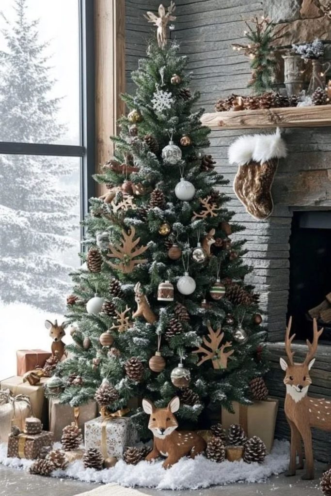 Natural woodland Christmas tree with pinecones.