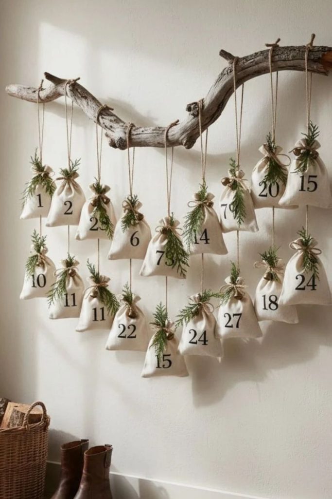 Nature inspired Christmas advent calendar decorations.