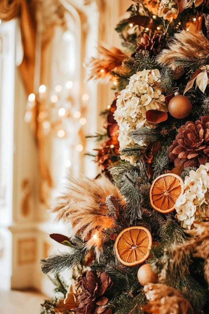 Dried orange Christmas tree with natural ornaments.