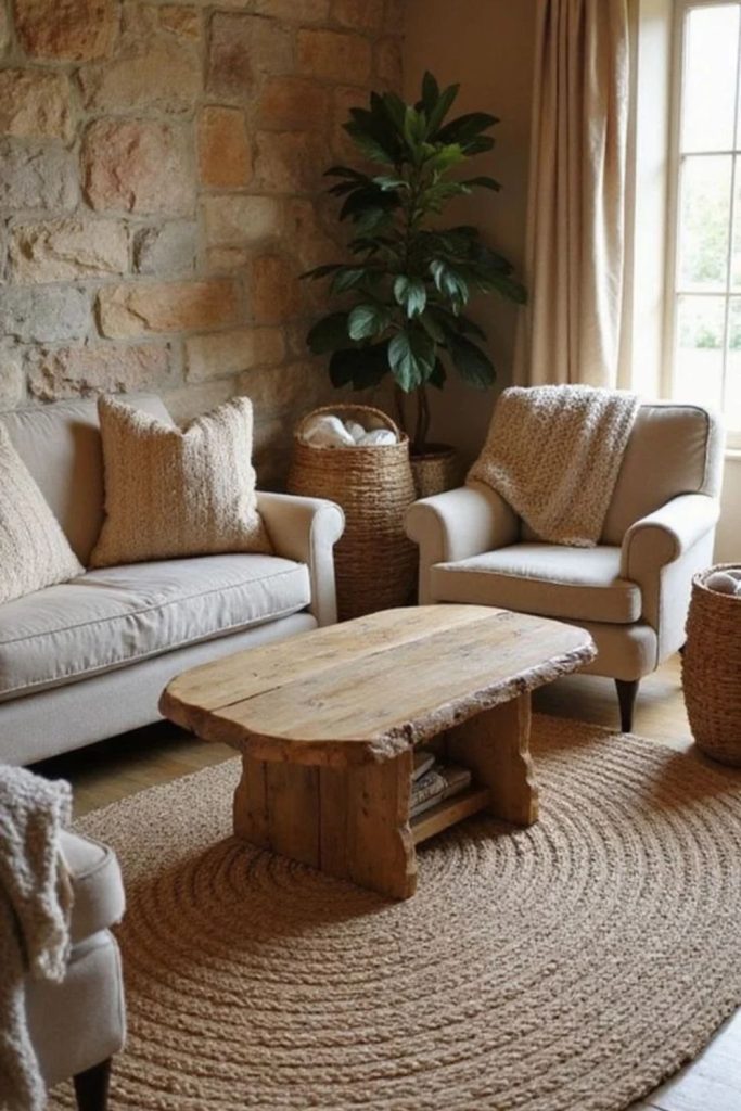 Nature-inspired hygge living room with lush greenery.