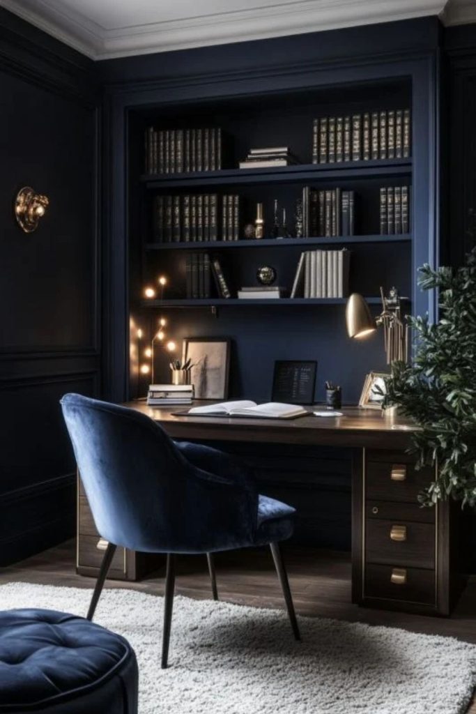 Navy blue sophisticated colour drenched study.