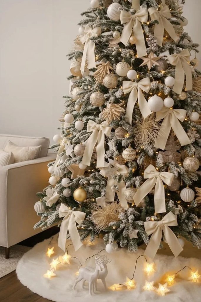 Neutral beige and cream flocked Christmas tree.