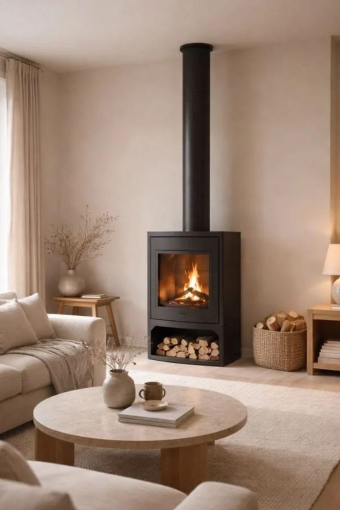 Neutral layered living room with burner.