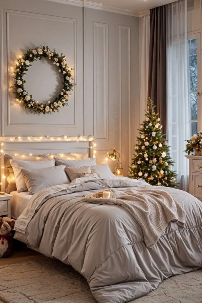 Cozy Nordic bedroom Christmas lighting decor.
