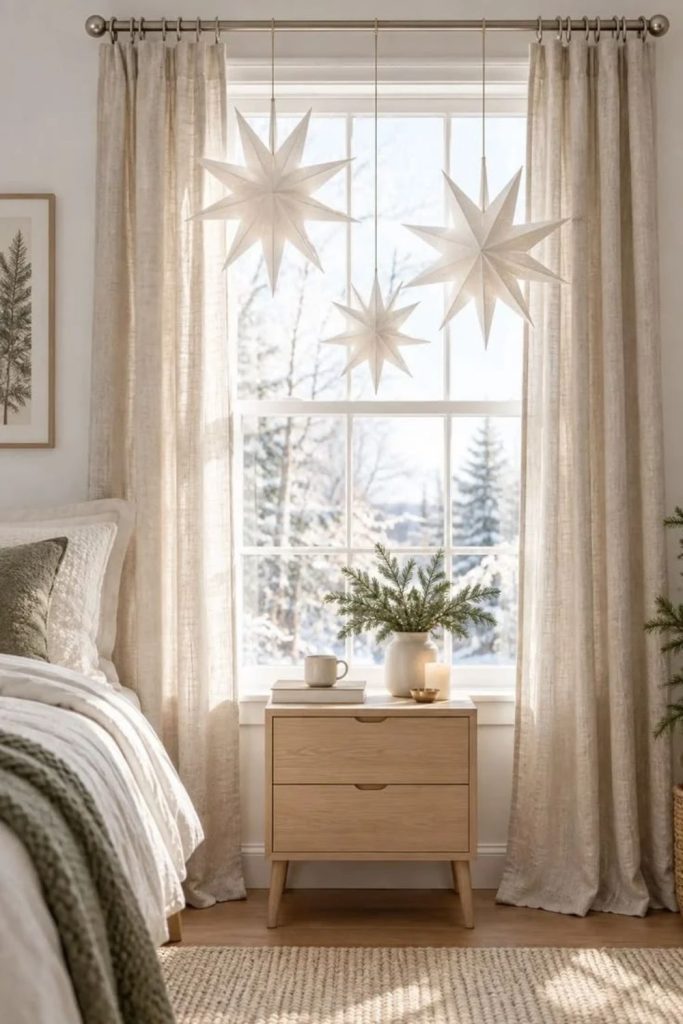 Scandinavian bedroom window Christmas star decor.