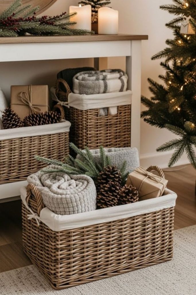 Rustic Nordic Christmas basket greenery arrangement.
