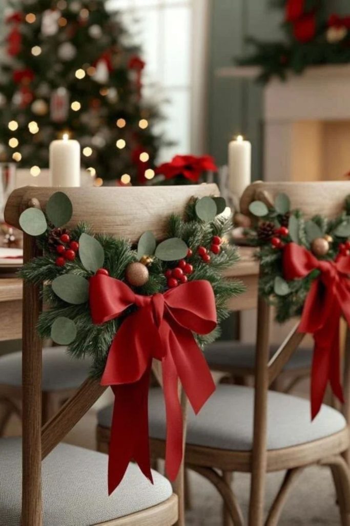 Scandinavian dining chairs with Christmas greenery.