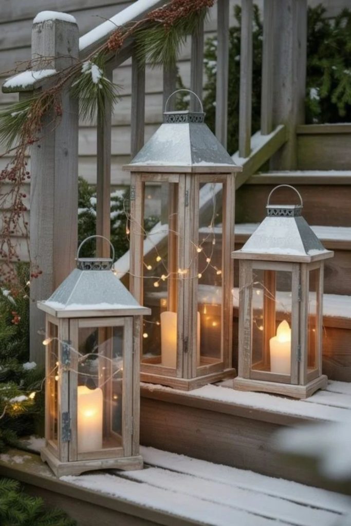 Nordic lantern Christmas porch entrance decor.