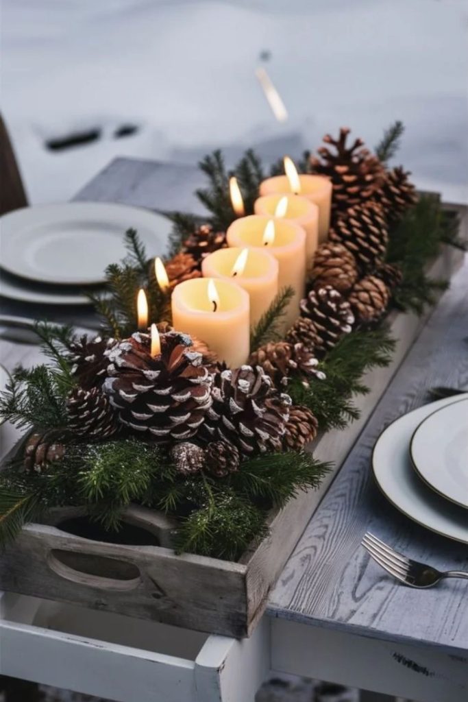 Pinecone Scandinavian Christmas centerpiece arrangement.