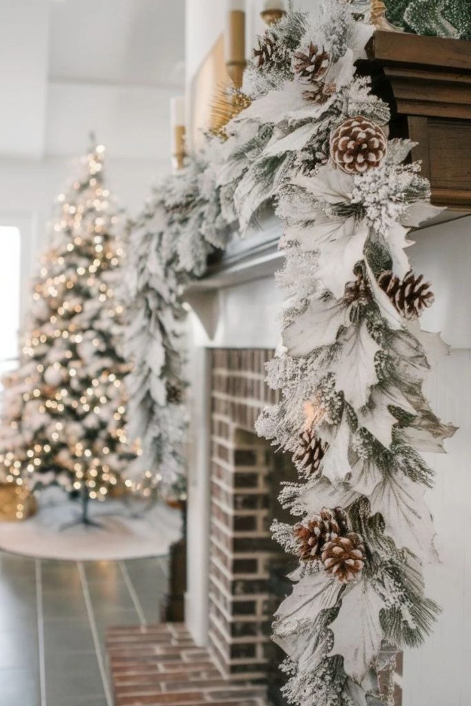 Nordic snow garland with wooden accents.