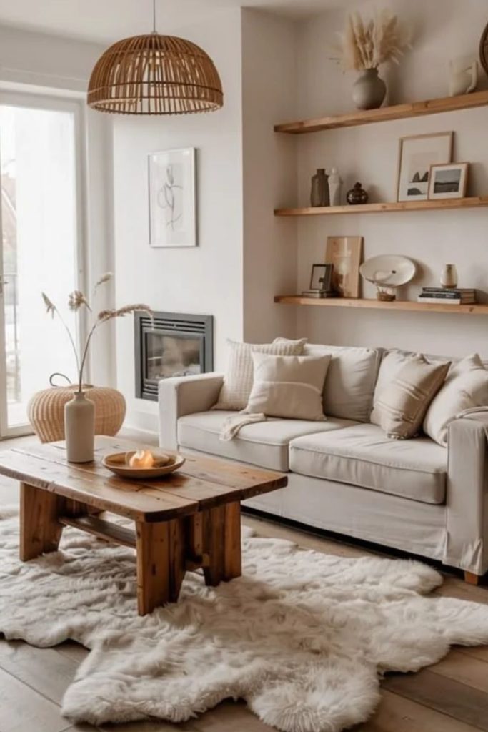 Nordic white living room with natural wood.
