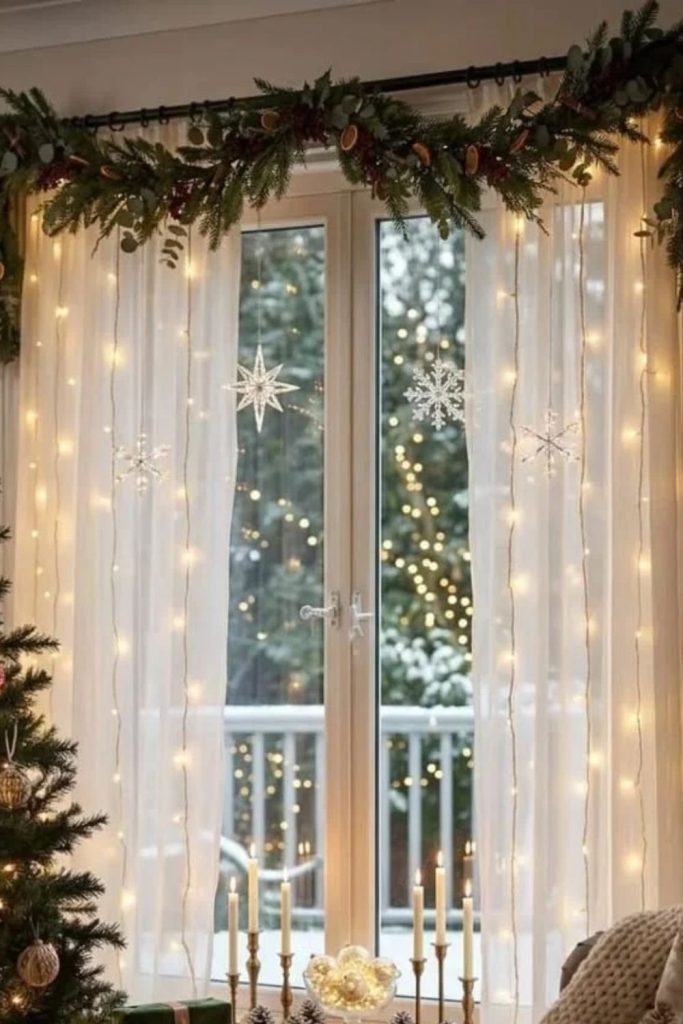 Nordic window garland with warm lights.