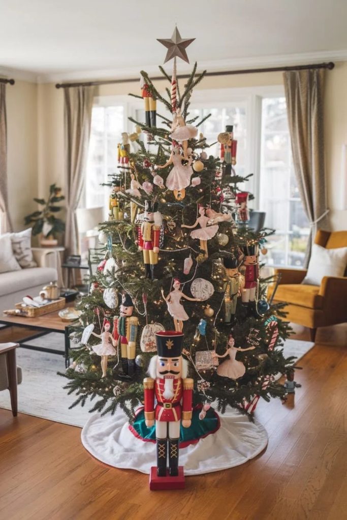 Nutcracker ballet flocked Christmas tree with ornaments.
